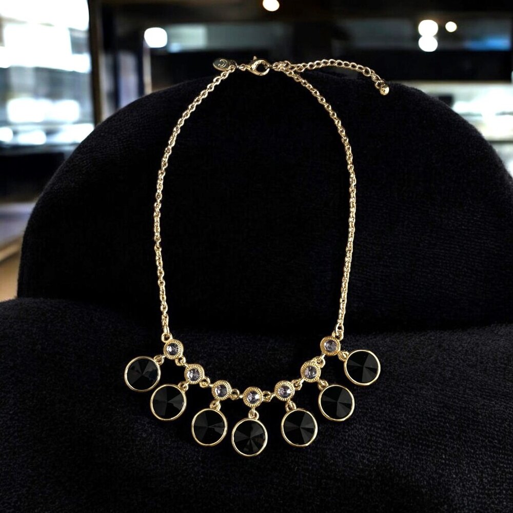 Charming Charlie Black & Gold Statement Necklace – Faceted Discs & Crystal Accen